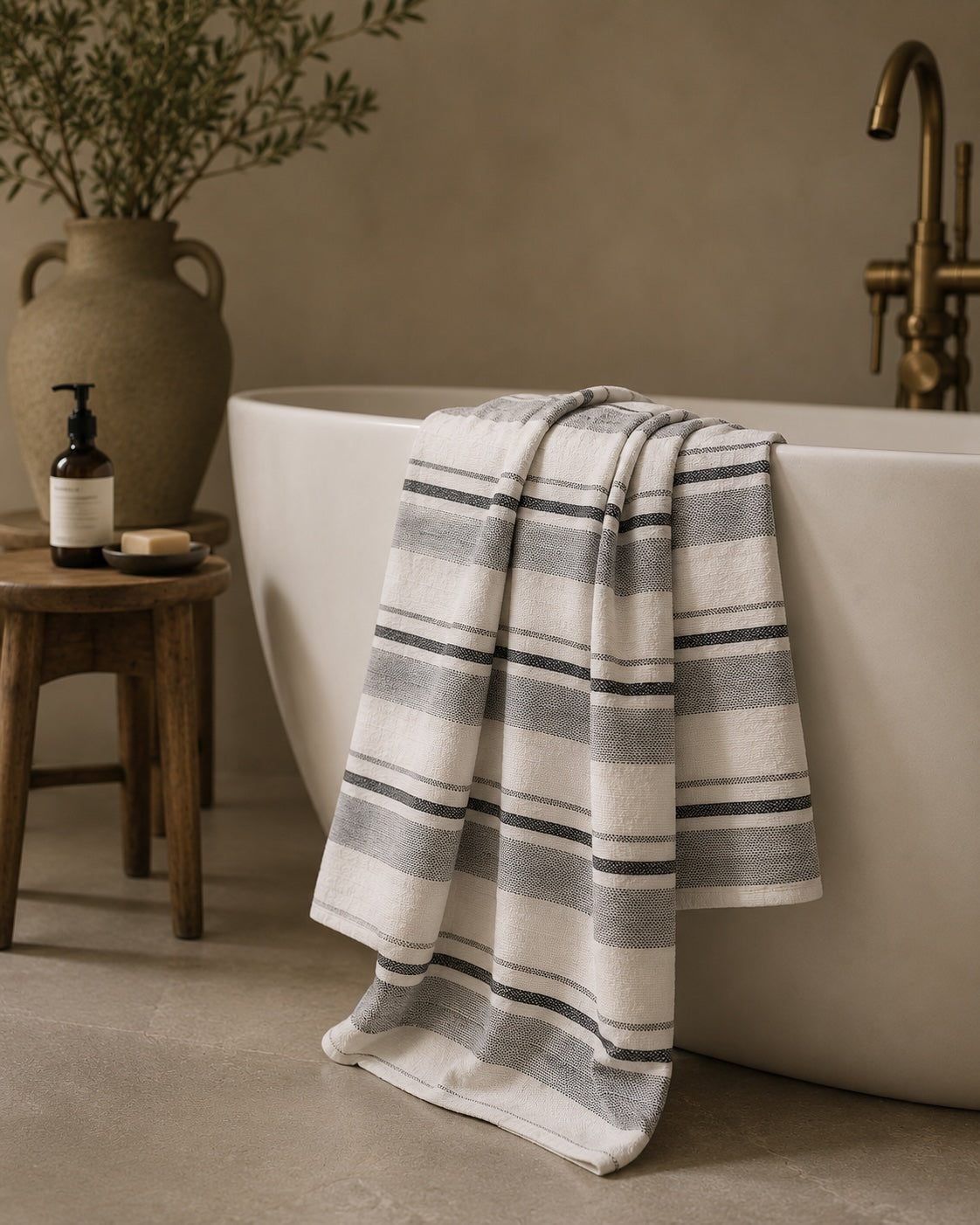 Grey Stripe Linen Bath Towel, Lightweight Spa Towel