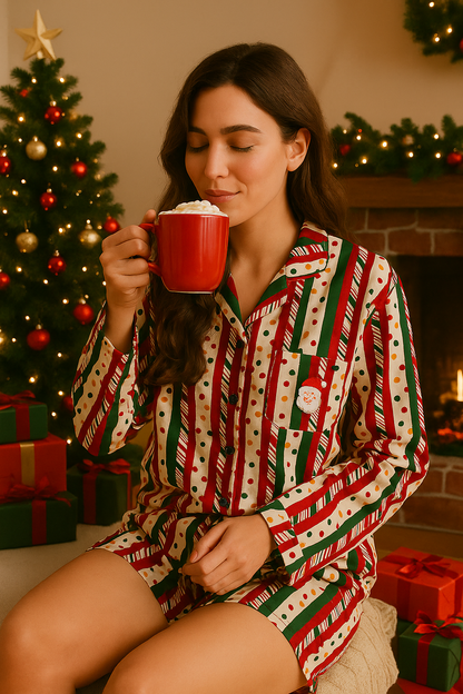 Unsex Christmas Pajama Set – Red Green Striped Santa Print Sleepwear