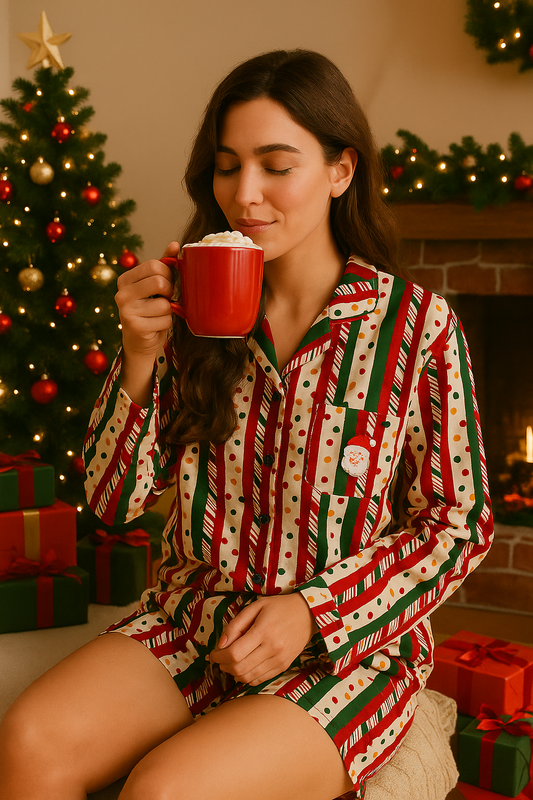 Unsex Christmas Pajama Set – Red Green Striped Santa Print Sleepwear