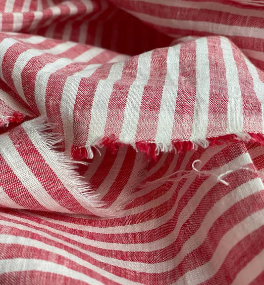 Middle weight Stone Washed Linen Fabric, Red Striped Pattern, OEKO-TEX Certified, 110 Inch Width