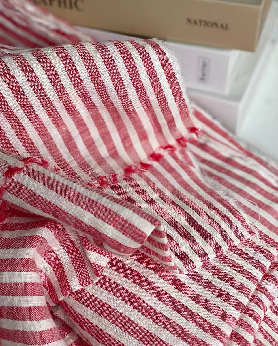 Middle weight Stone Washed Linen Fabric, Red Striped Pattern, OEKO-TEX Certified, 110 Inch Width