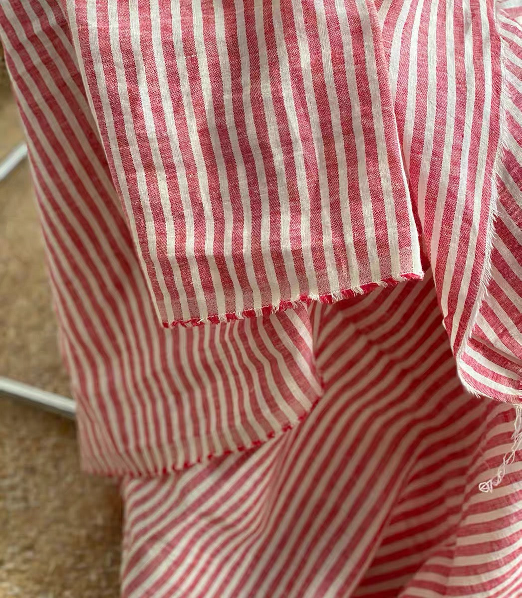 Middle weight Stone Washed Linen Fabric, Red Striped Pattern, OEKO-TEX Certified, 110 Inch Width