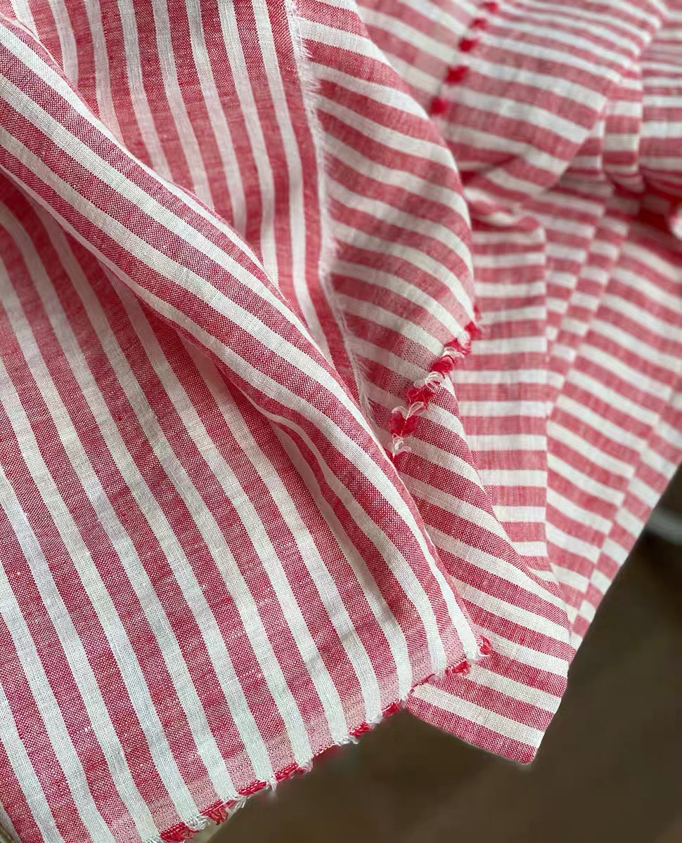 Middle weight Stone Washed Linen Fabric, Red Striped Pattern, OEKO-TEX Certified, 110 Inch Width