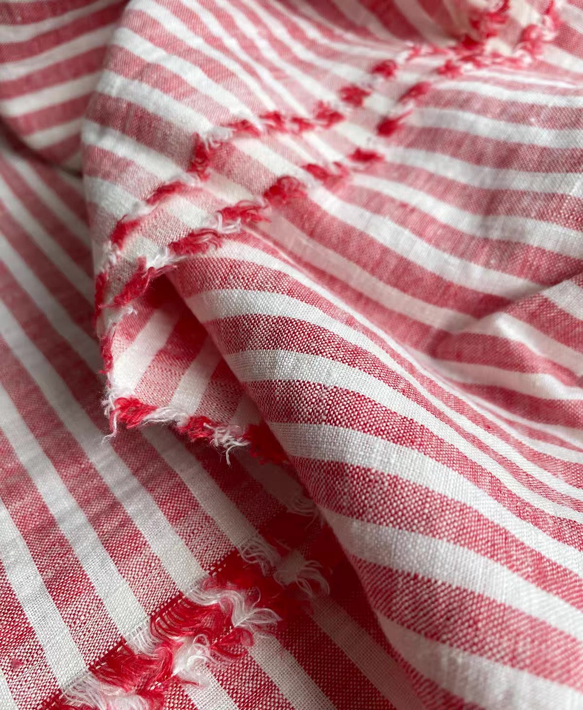 Middle weight Stone Washed Linen Fabric, Red Striped Pattern, OEKO-TEX Certified, 110 Inch Width