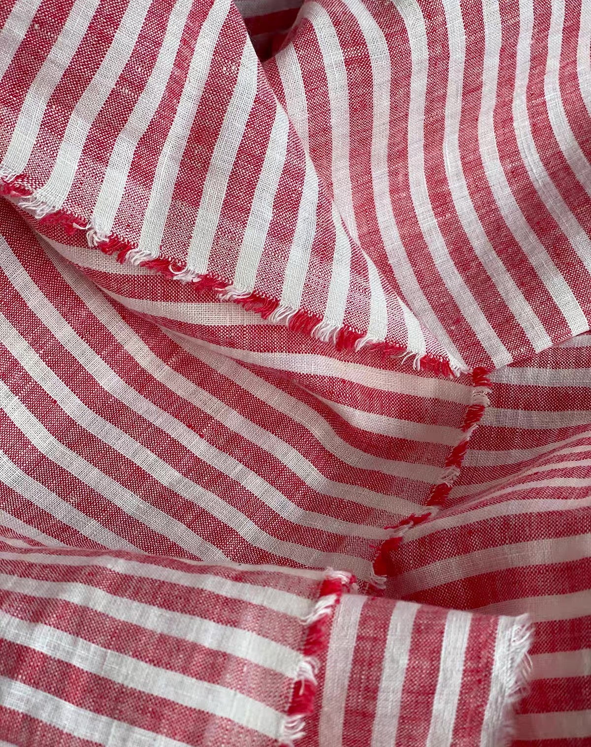Middle weight Stone Washed Linen Fabric, Red Striped Pattern, OEKO-TEX Certified, 110 Inch Width