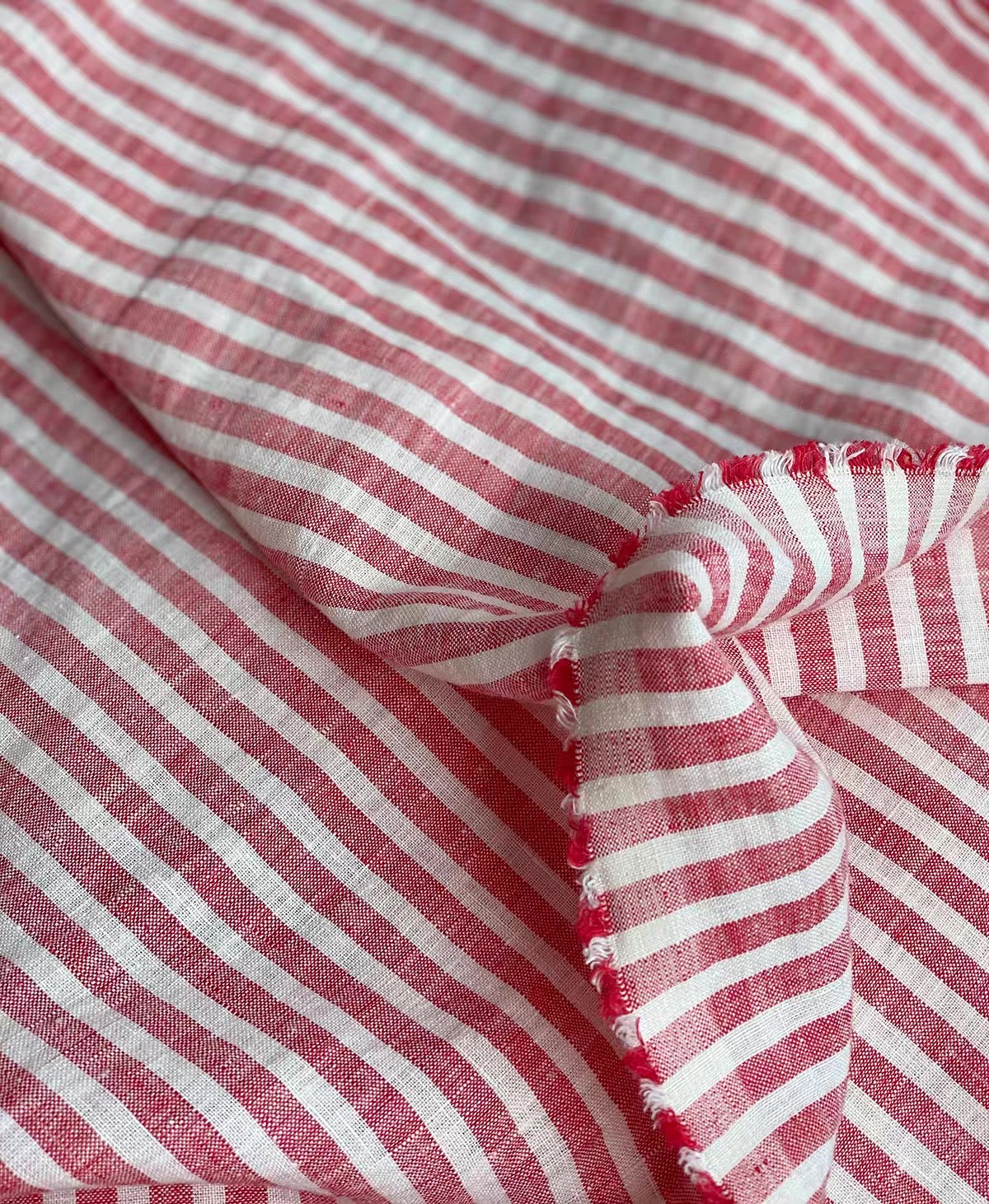 Middle weight Stone Washed Linen Fabric, Red Striped Pattern, OEKO-TEX Certified, 110 Inch Width