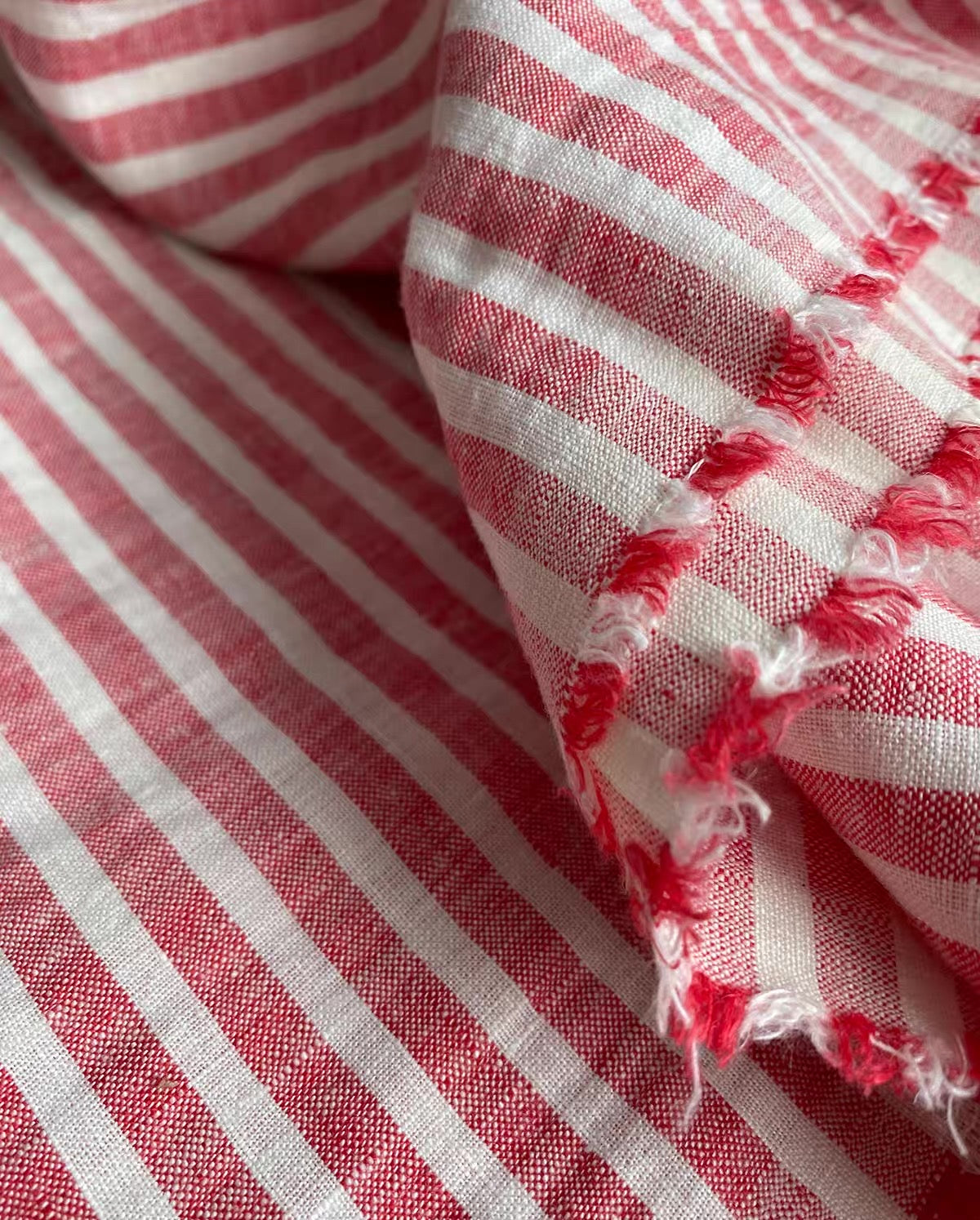 Middle weight Stone Washed Linen Fabric, Red Striped Pattern, OEKO-TEX Certified, 110 Inch Width