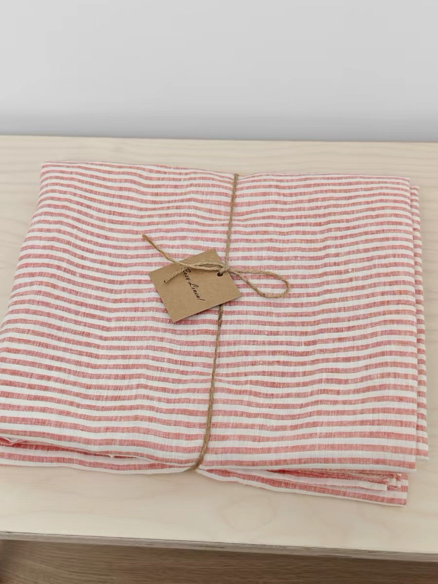 Middle weight Stone Washed Linen Fabric, Red Striped Pattern, OEKO-TEX Certified, 110 Inch Width