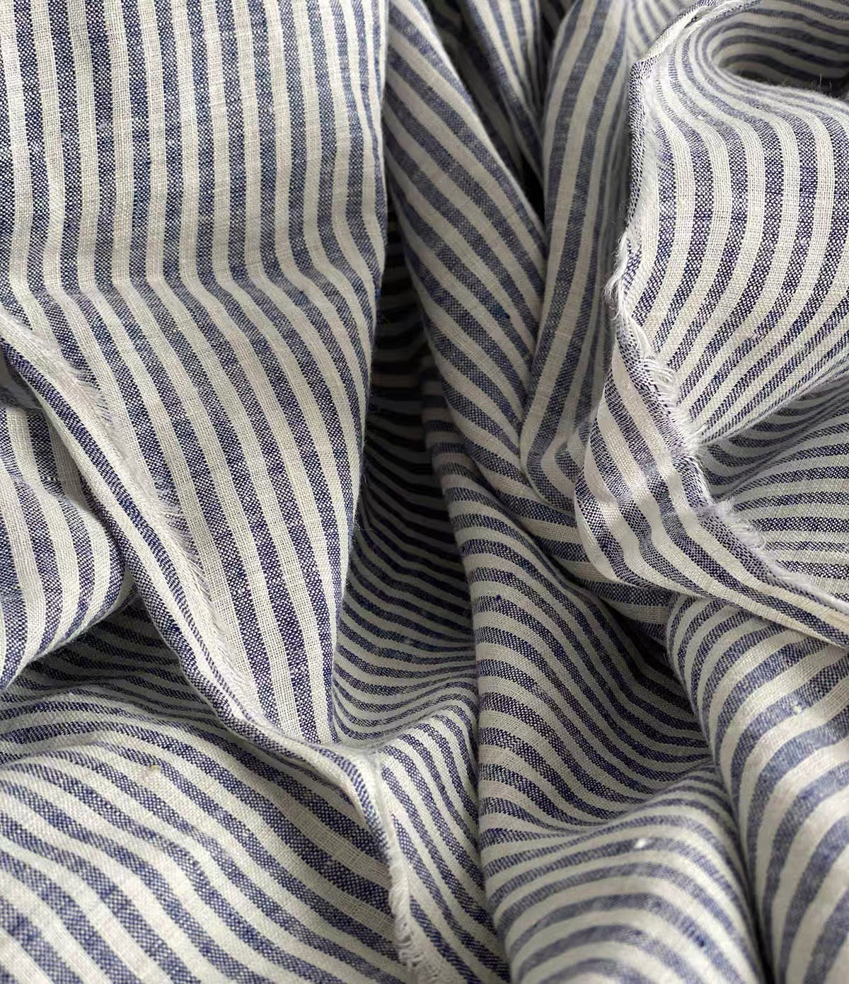 Blue Stripe Linen Fabric, Medium Weight, Stone Washed, 110 Inch Width