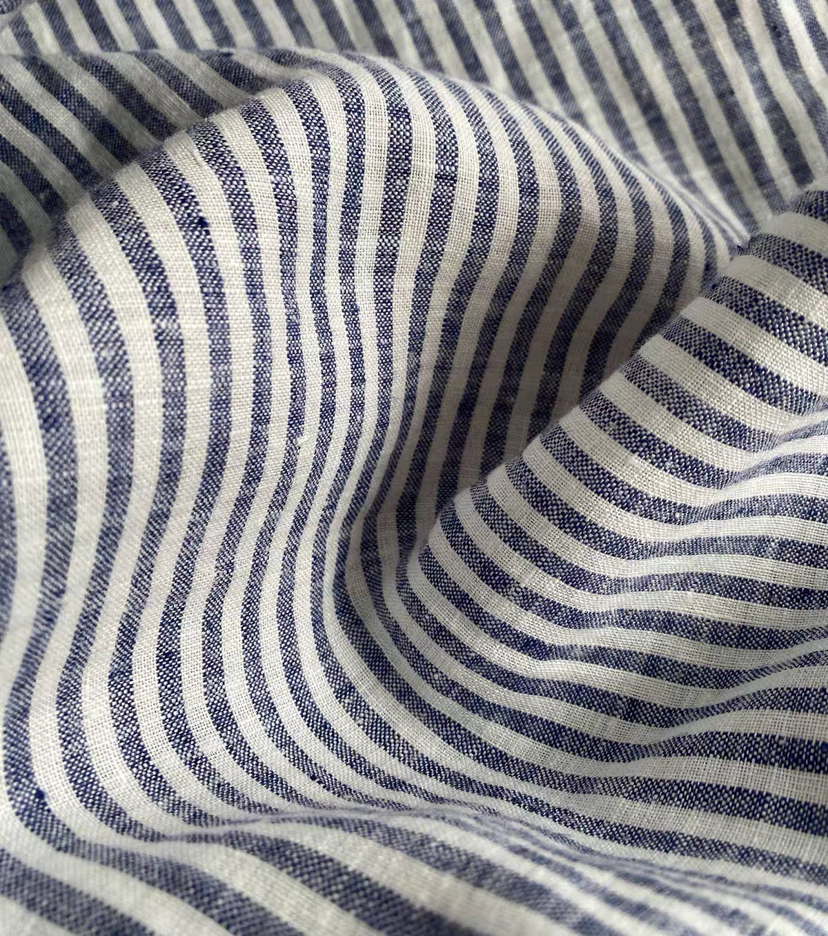 Blue Stripe Linen Fabric, Medium Weight, Stone Washed, 110 Inch Width