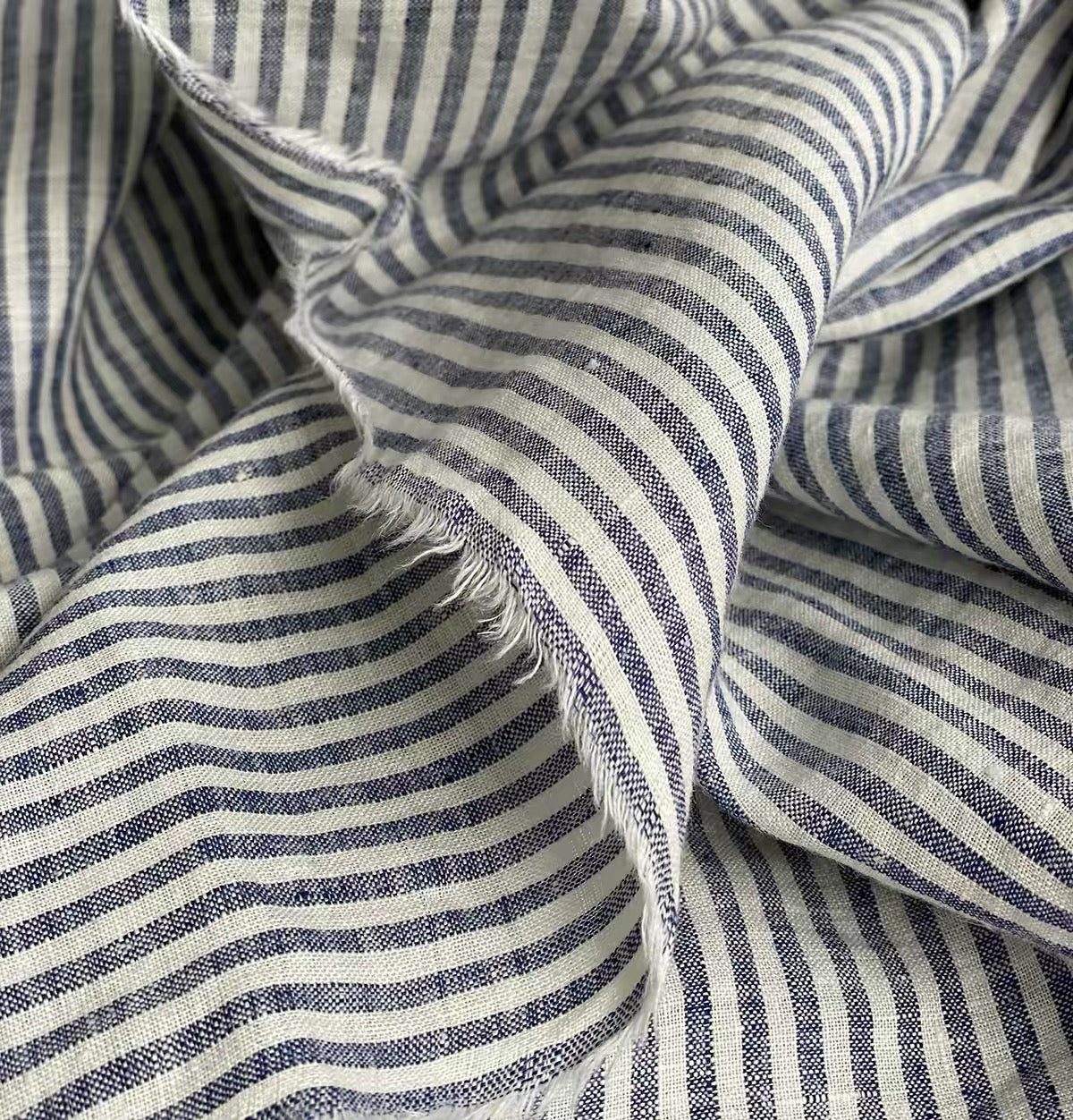 Blue Stripe Linen Fabric, Medium Weight, Stone Washed, 110 Inch Width