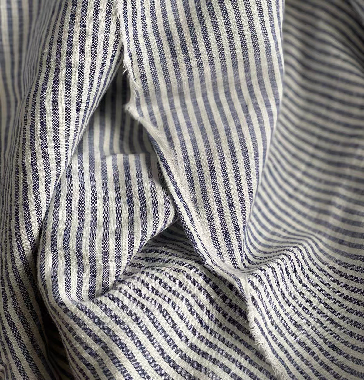 Blue Stripe Linen Fabric, Medium Weight, Stone Washed, 110 Inch Width