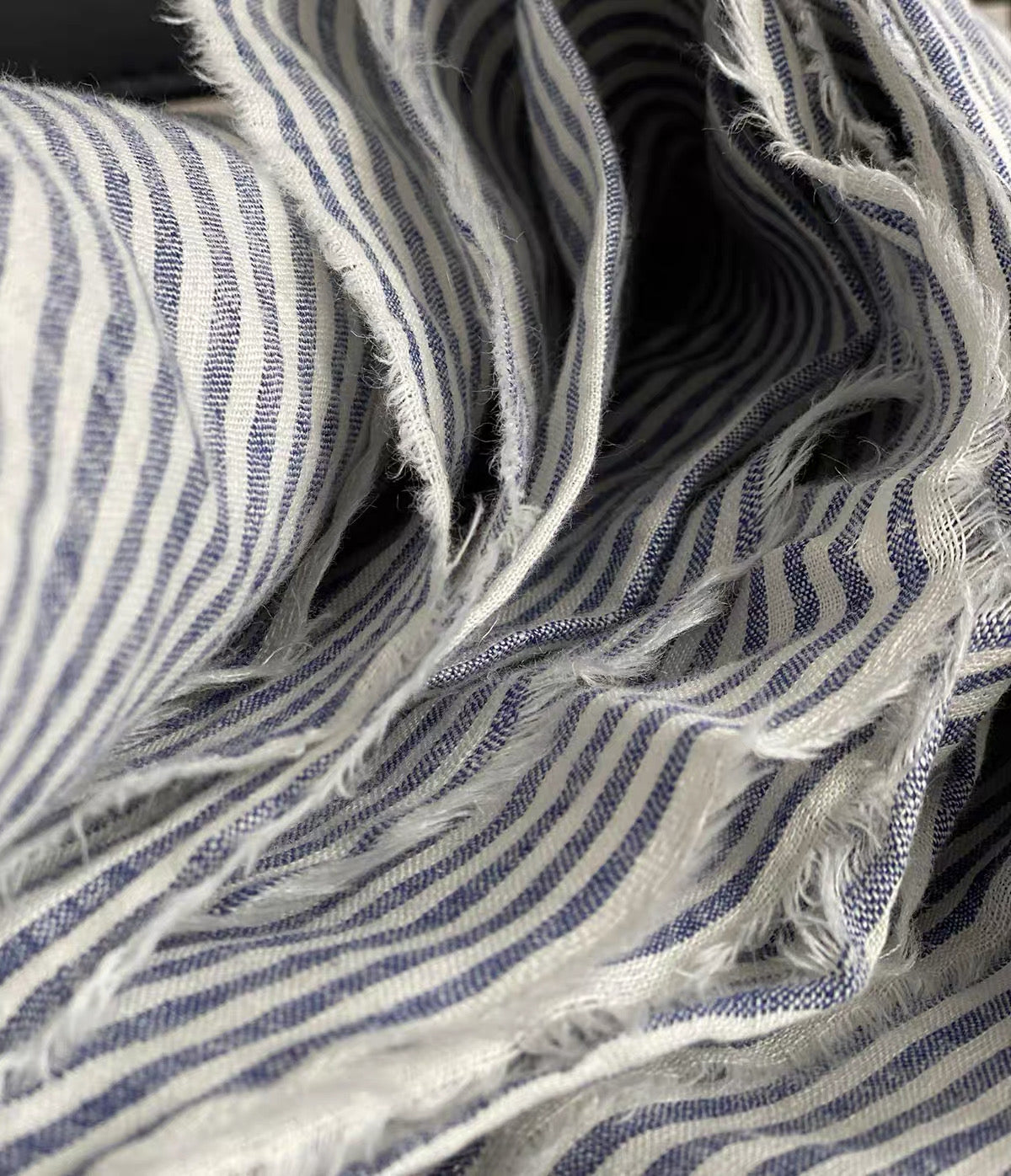 Blue Stripe Linen Fabric, Medium Weight, Stone Washed, 110 Inch Width