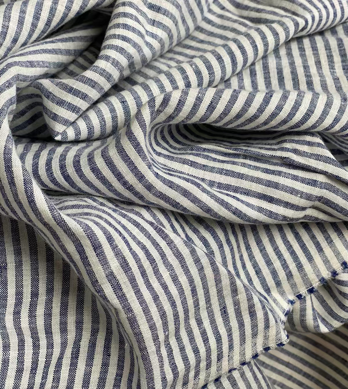 Blue Stripe Linen Fabric, Medium Weight, Stone Washed, 110 Inch Width