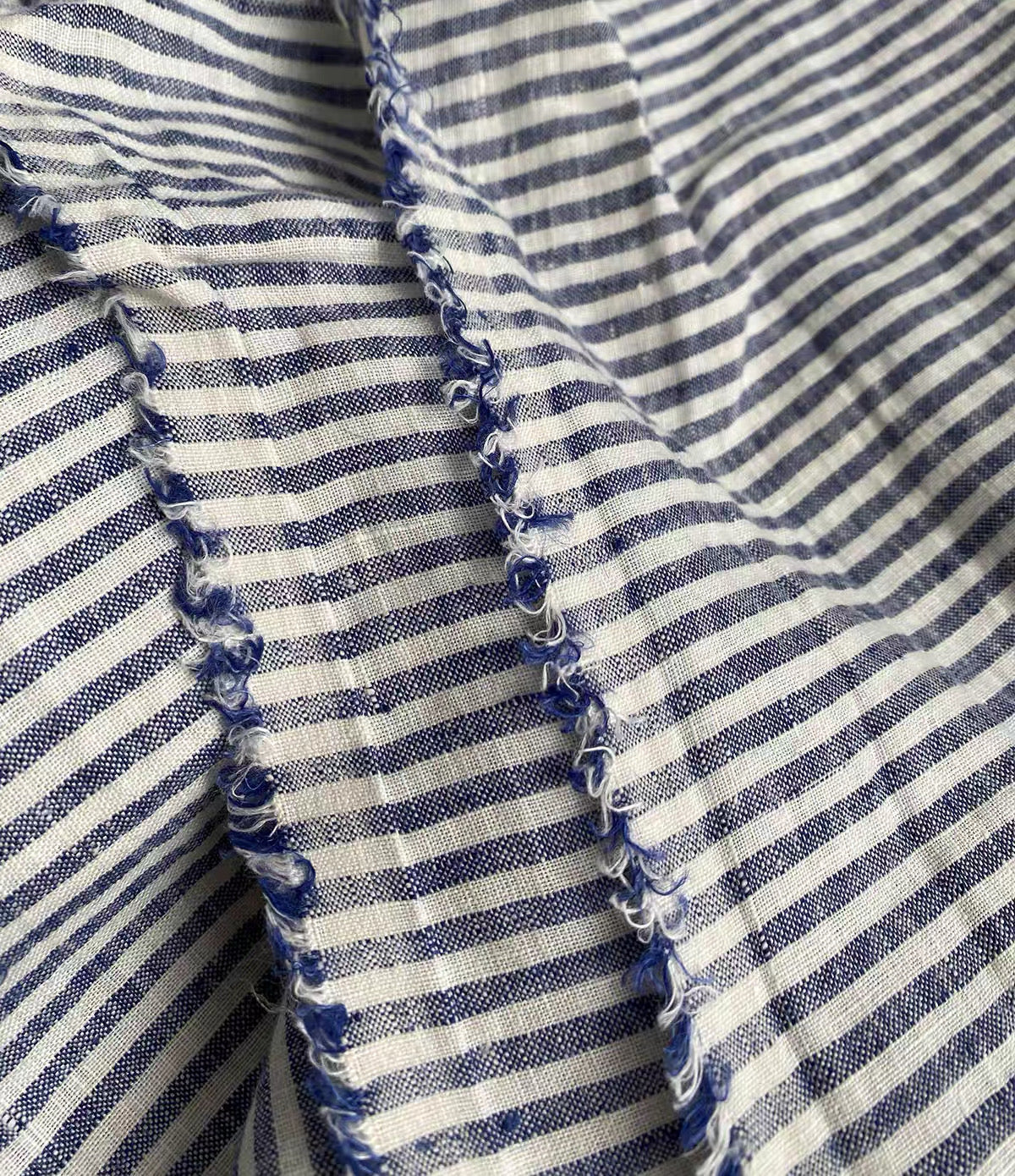 Blue Stripe Linen Fabric, Medium Weight, Stone Washed, 110 Inch Width