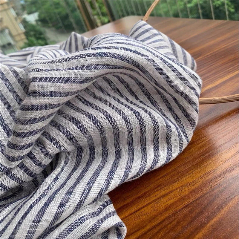 Blue Stripe Linen Fabric, Medium Weight, Stone Washed, 110 Inch Width