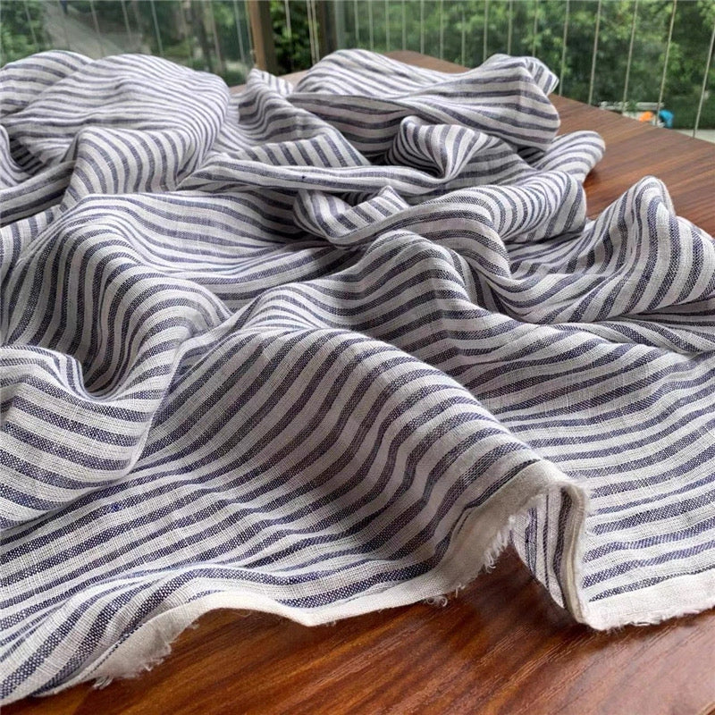 Blue Stripe Linen Fabric, Medium Weight, Stone Washed, 110 Inch Width