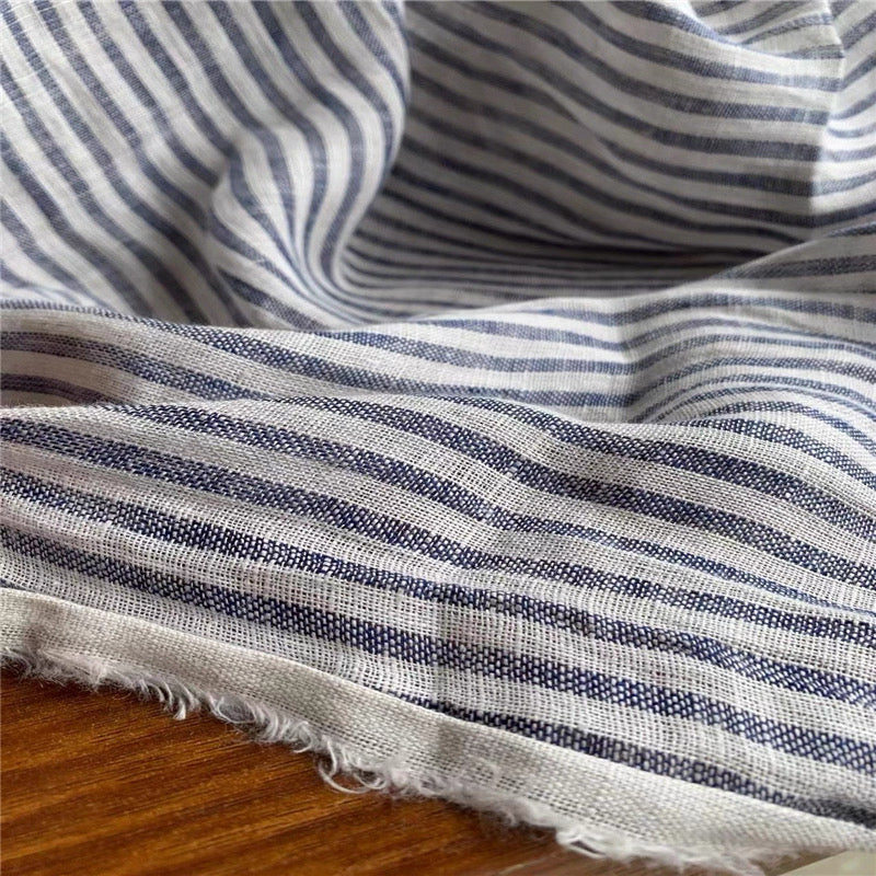 Blue Stripe Linen Fabric, Medium Weight, Stone Washed, 110 Inch Width