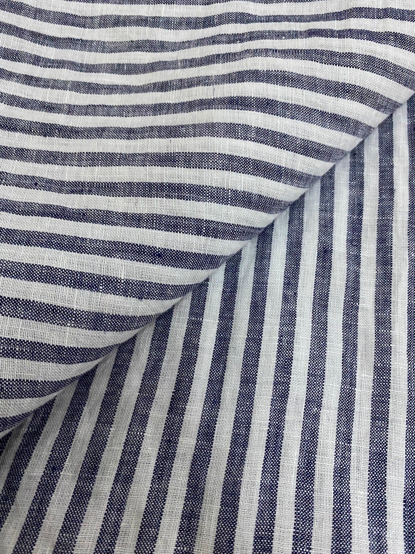 Blue Stripe Linen Fabric, Medium Weight, Stone Washed, 110 Inch Width