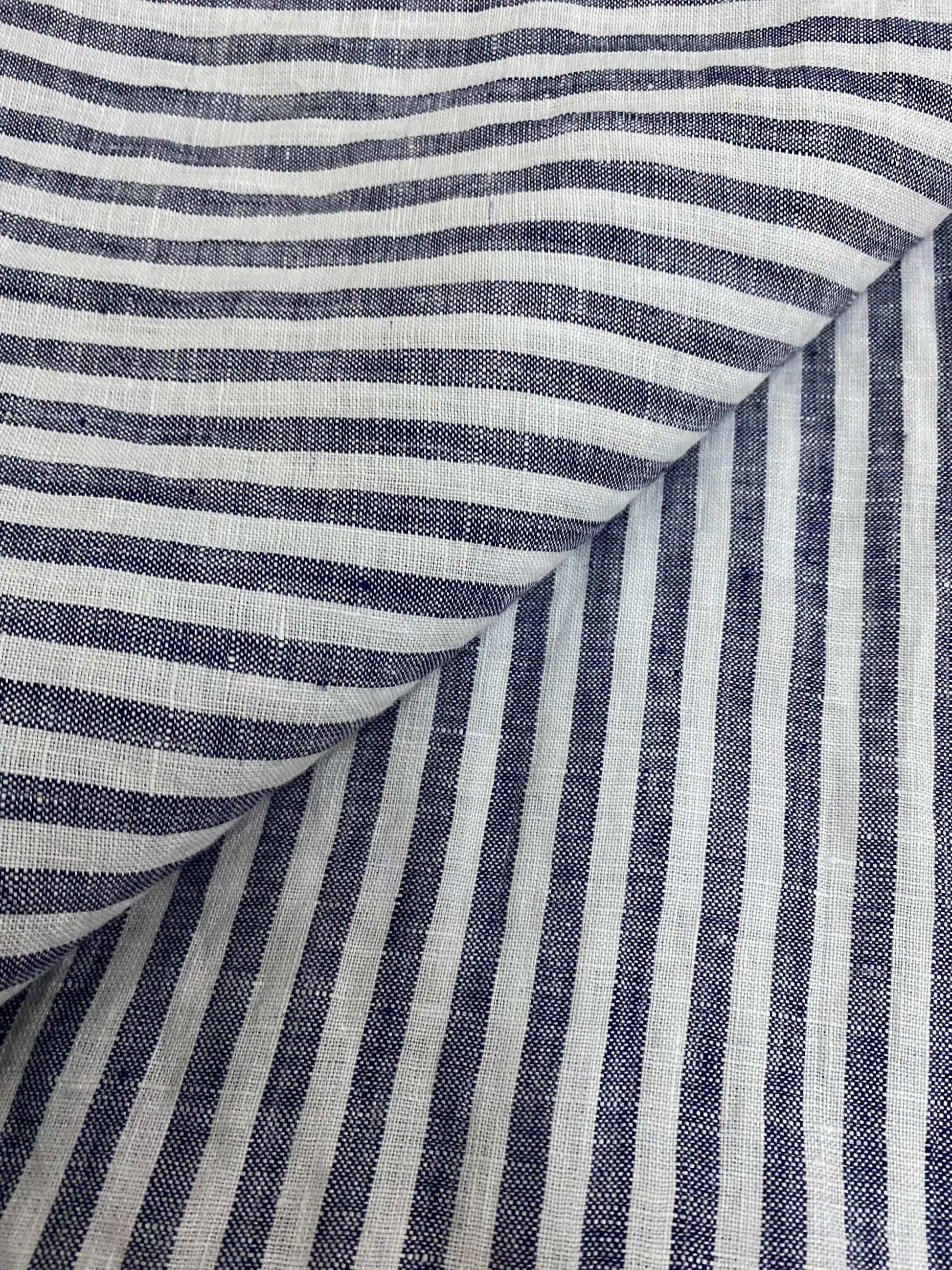 Blue Stripe Linen Fabric, Medium Weight, Stone Washed, 110 Inch Width