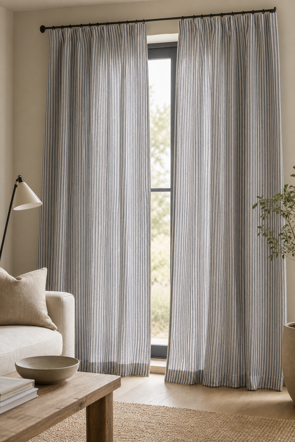 Blue Stripe Linen Fabric, Medium Weight, Stone Washed, 110 Inch Width - lifestyle scene