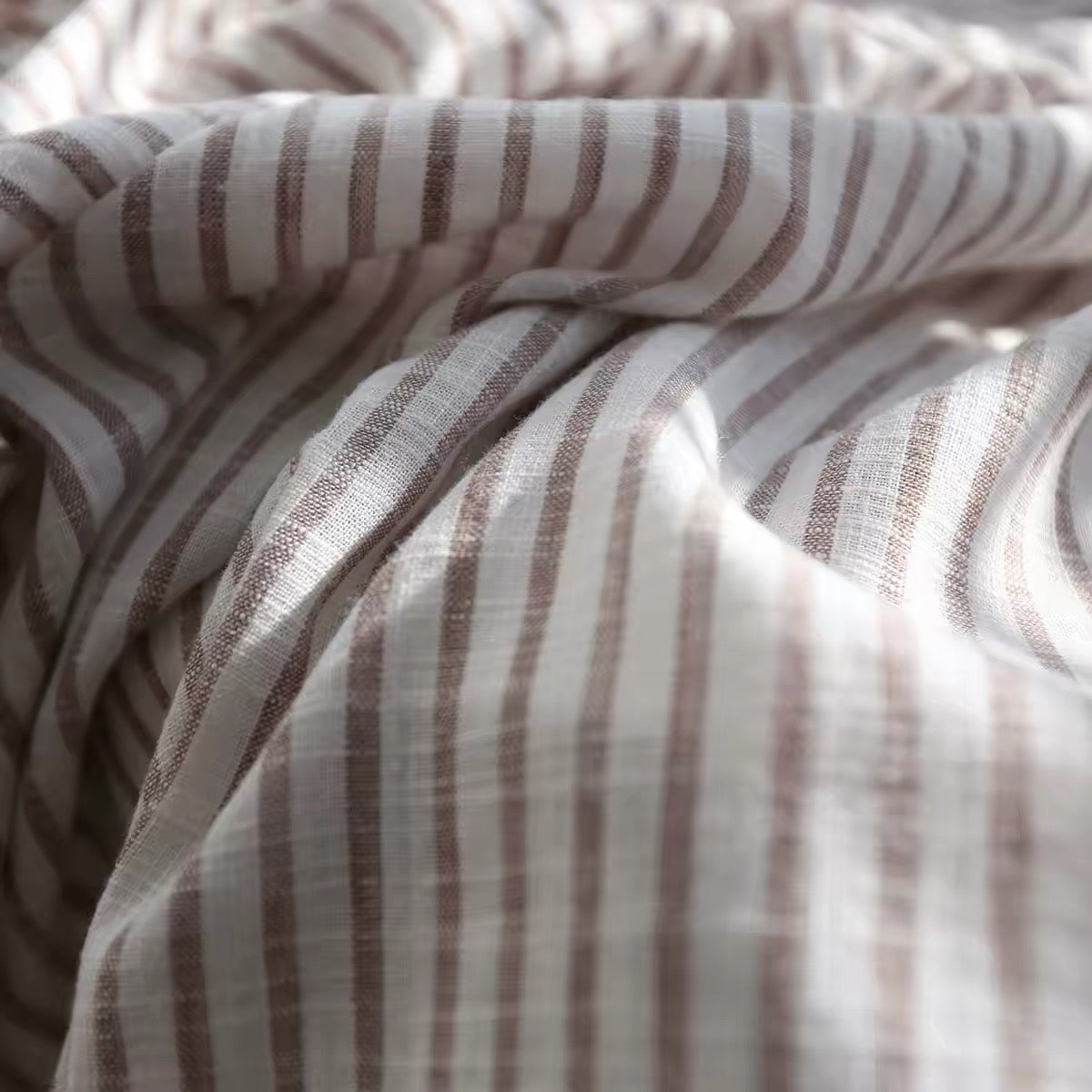 Brown Stripe Linen Fabric, Medium Weight, Stone Washed, 110 Inch Width