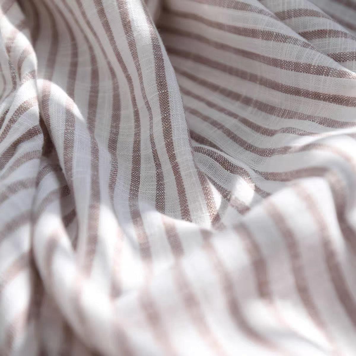 Brown Stripe Linen Fabric, Medium Weight, Stone Washed, 110 Inch Width