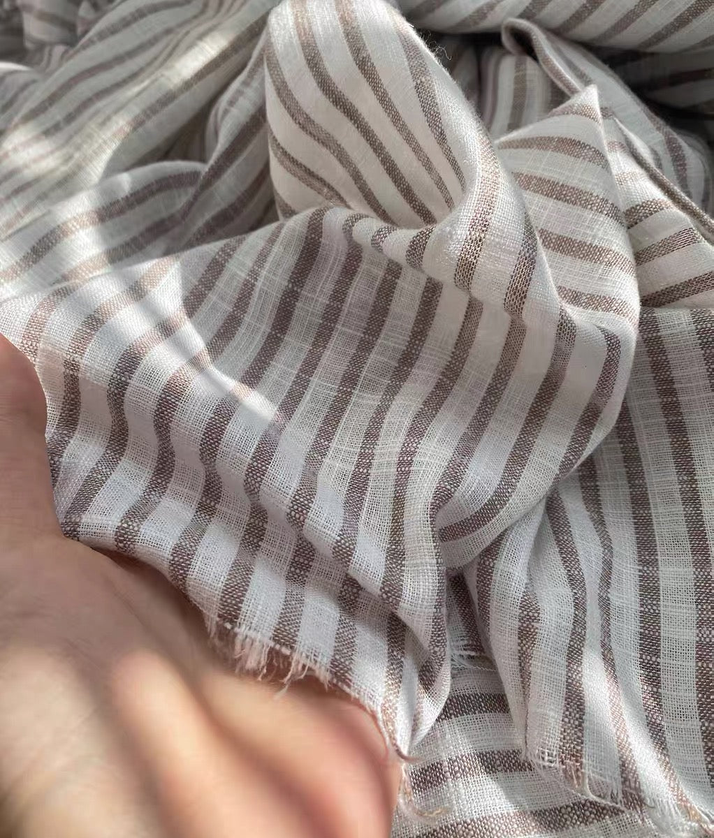 Brown Stripe Linen Fabric, Medium Weight, Stone Washed, 110 Inch Width