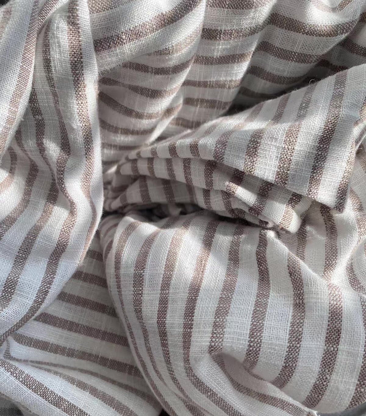 Brown Stripe Linen Fabric, Medium Weight, Stone Washed, 110 Inch Width