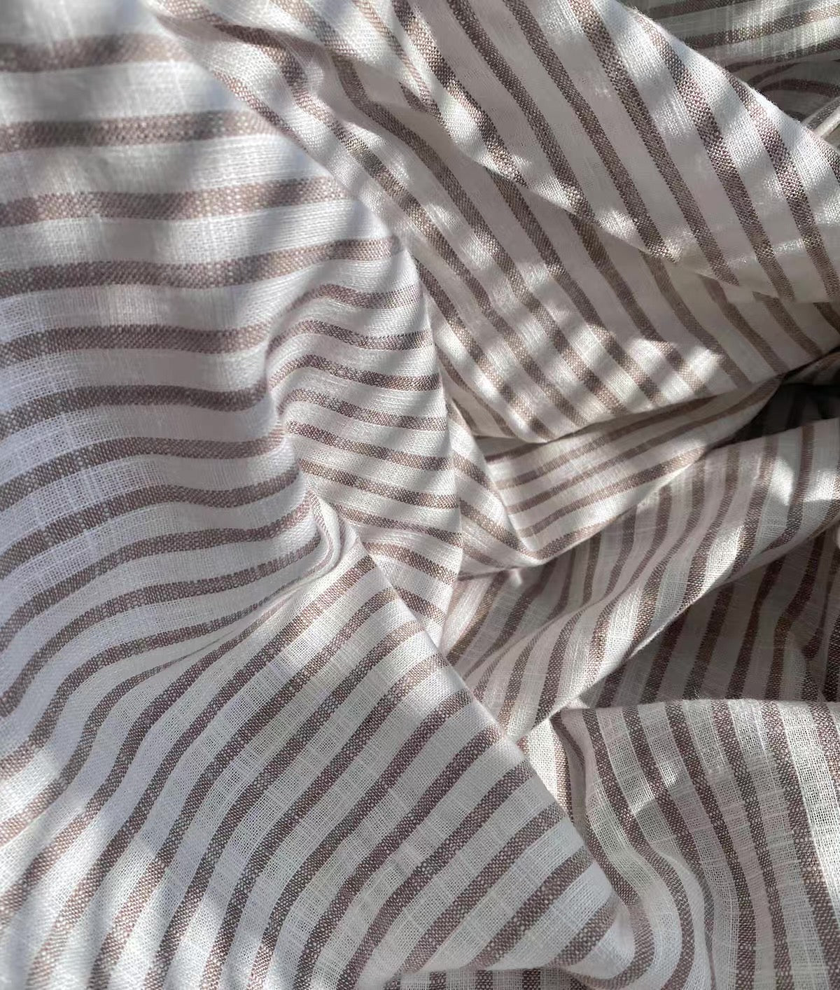 Brown Stripe Linen Fabric, Medium Weight, Stone Washed, 110 Inch Width
