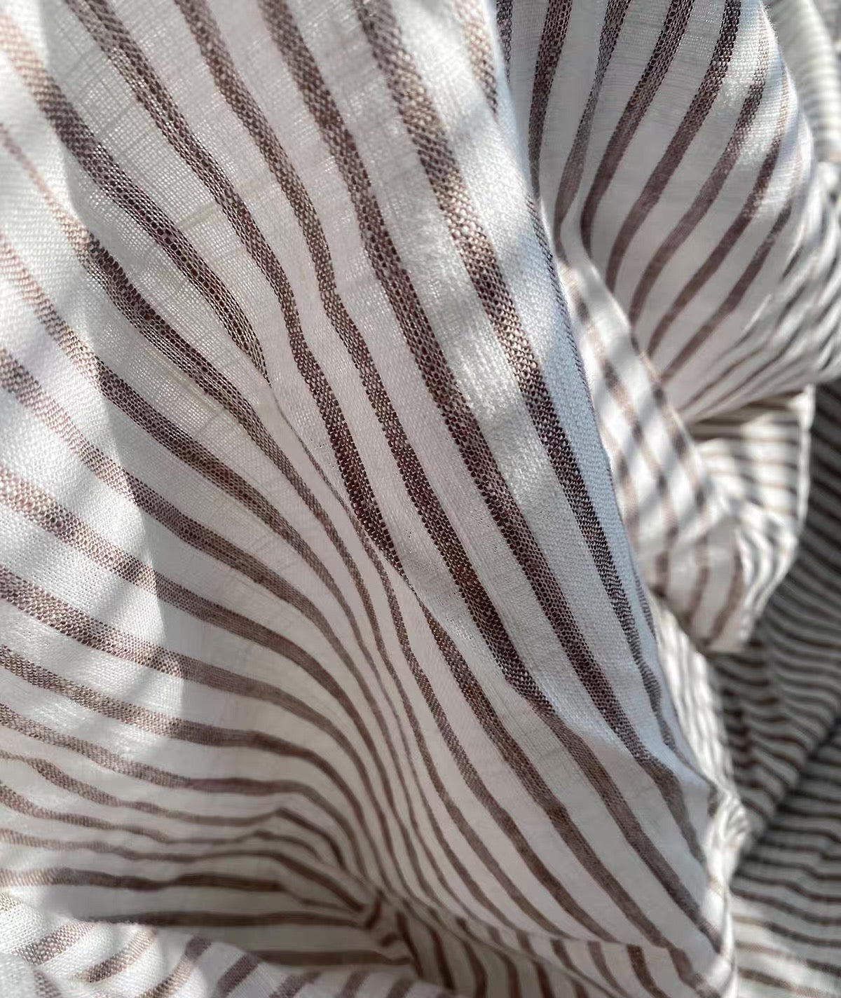 Brown Stripe Linen Fabric, Medium Weight, Stone Washed, 110 Inch Width