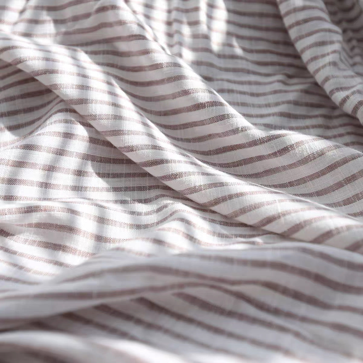 Brown Stripe Linen Fabric, Medium Weight, Stone Washed, 110 Inch Width