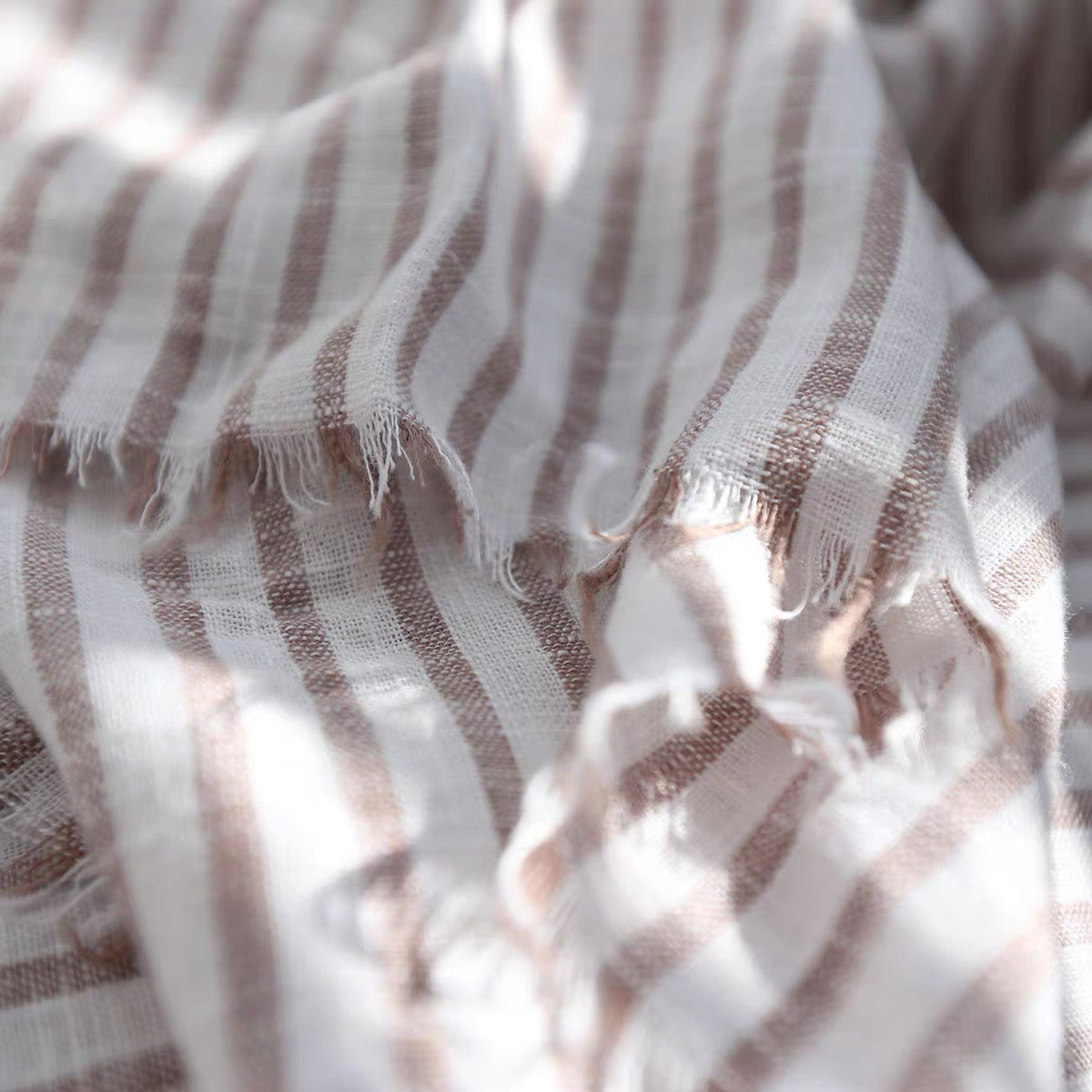 Brown Stripe Linen Fabric, Medium Weight, Stone Washed, 110 Inch Width