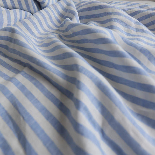 Blue Stripe Linen Fabric, Medium Weight, Stone Washed, 110 Inch Width
