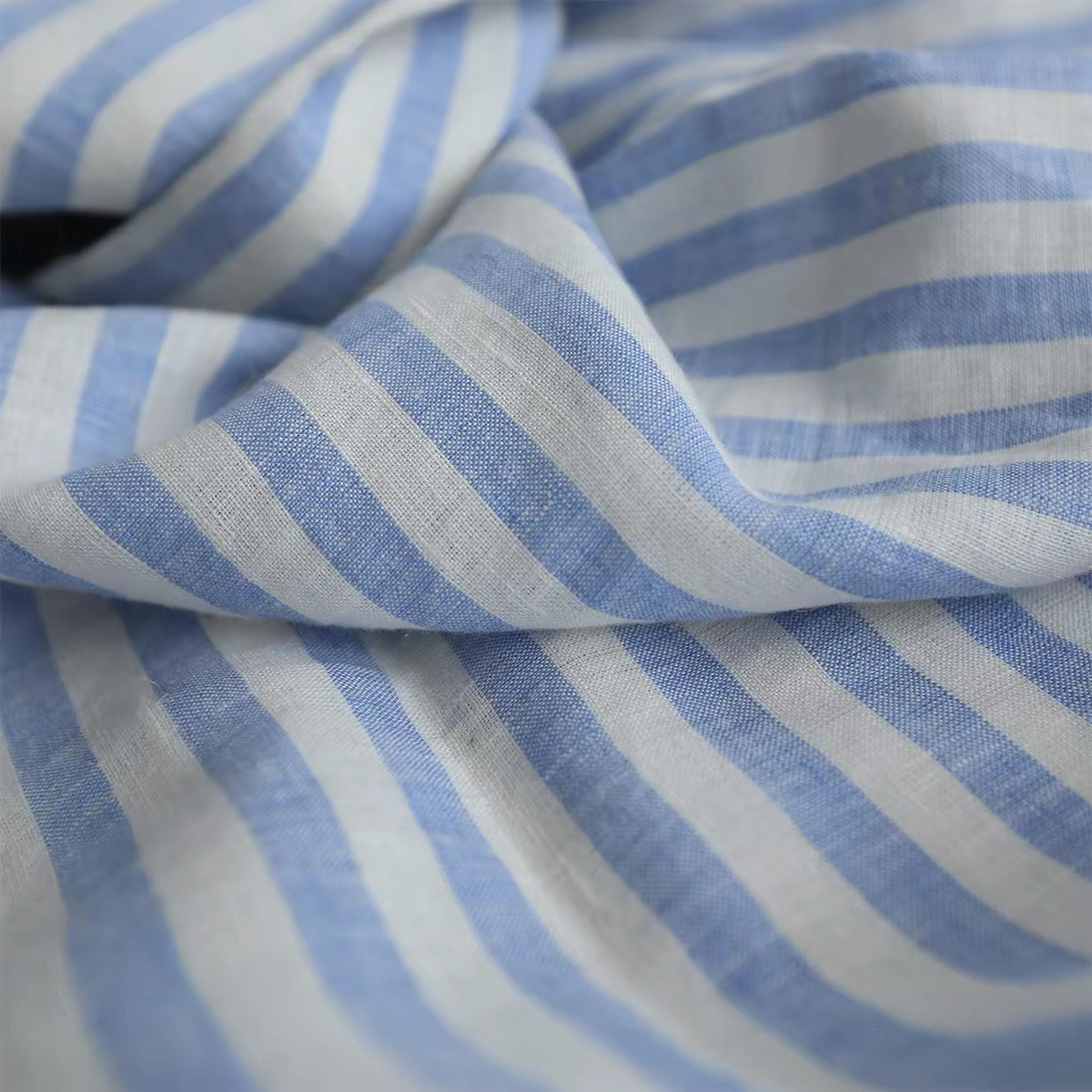 Blue Stripe Linen Fabric, Medium Weight, Stone Washed, 110 Inch Width
