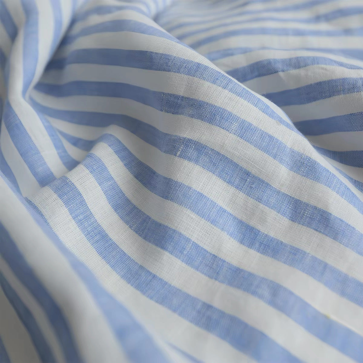Blue Stripe Linen Fabric, Medium Weight, Stone Washed, 110 Inch Width