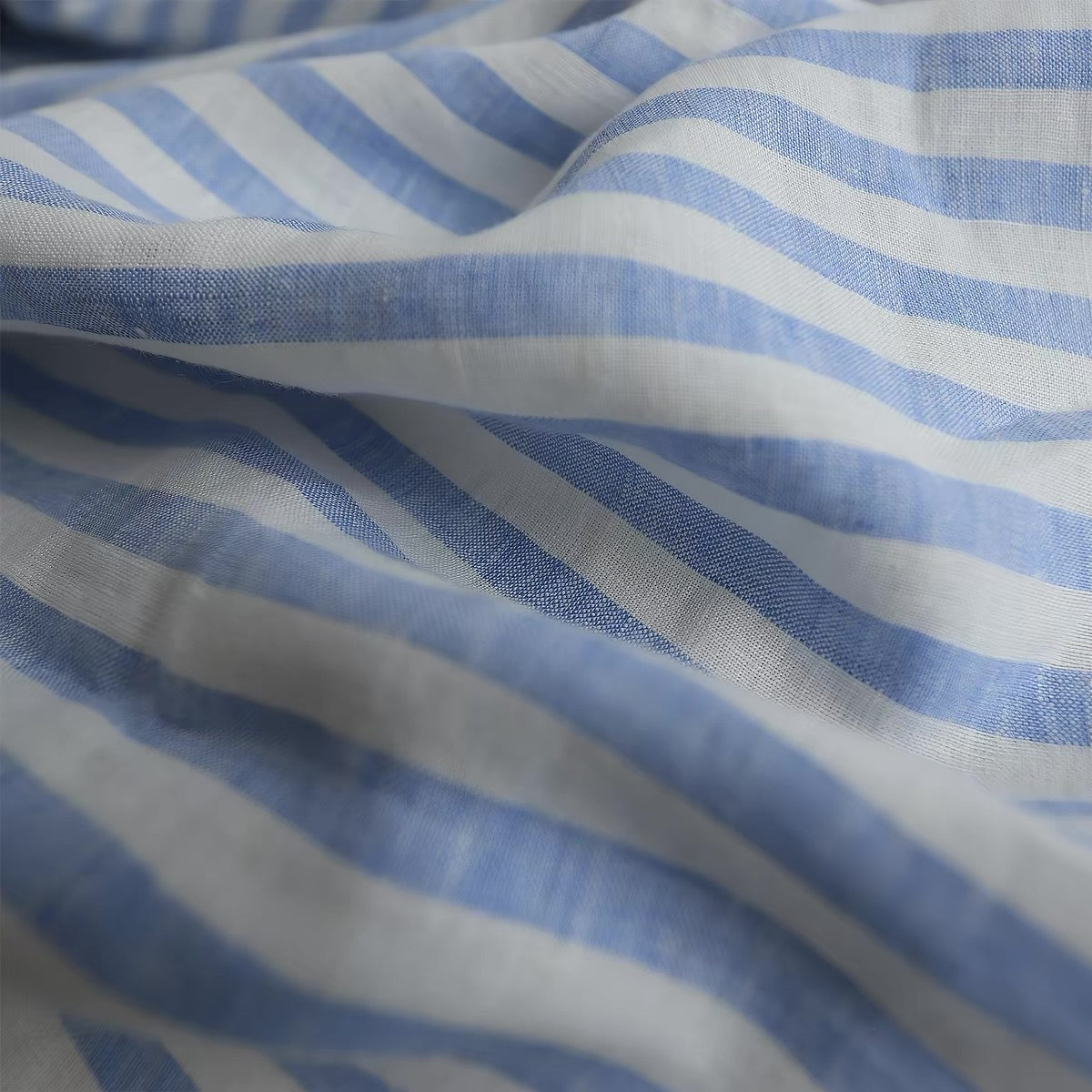 Blue Stripe Linen Fabric, Medium Weight, Stone Washed, 110 Inch Width