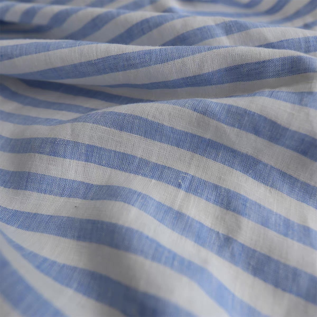 Blue Stripe Linen Fabric, Medium Weight, Stone Washed, 110 Inch Width