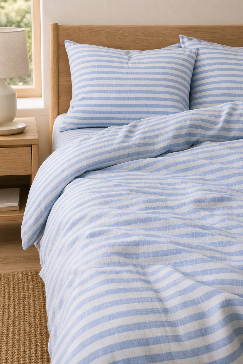 Blue Stripe Linen Fabric, Medium Weight, Stone Washed, 110 Inch Width - lifestyle scene