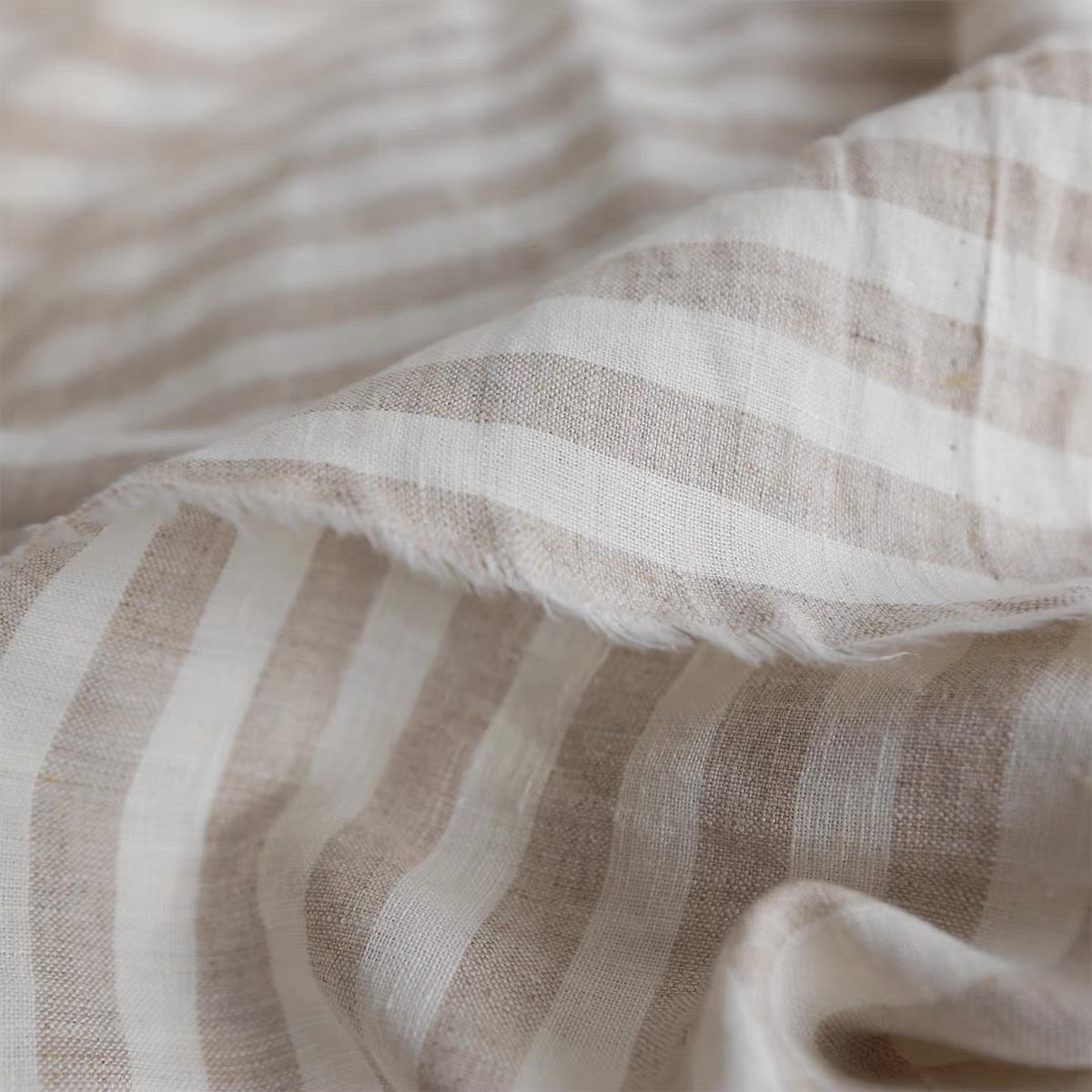 Brown Stripe Linen Fabric, Medium Weight, Stone Washed, 110 Inch Width