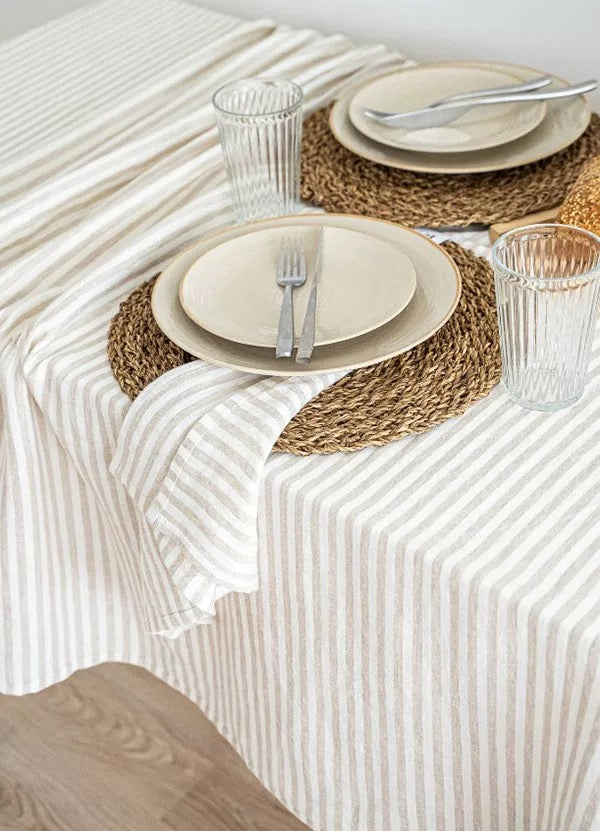 Brown Stripe Linen Fabric, Medium Weight, Stone Washed, 110 Inch Width