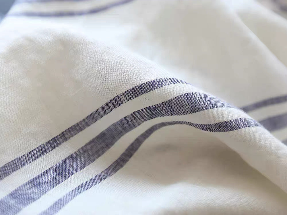 Blue Double Stripe Linen Fabric, Medium Weight, Stone Washed, 110 Inch Width