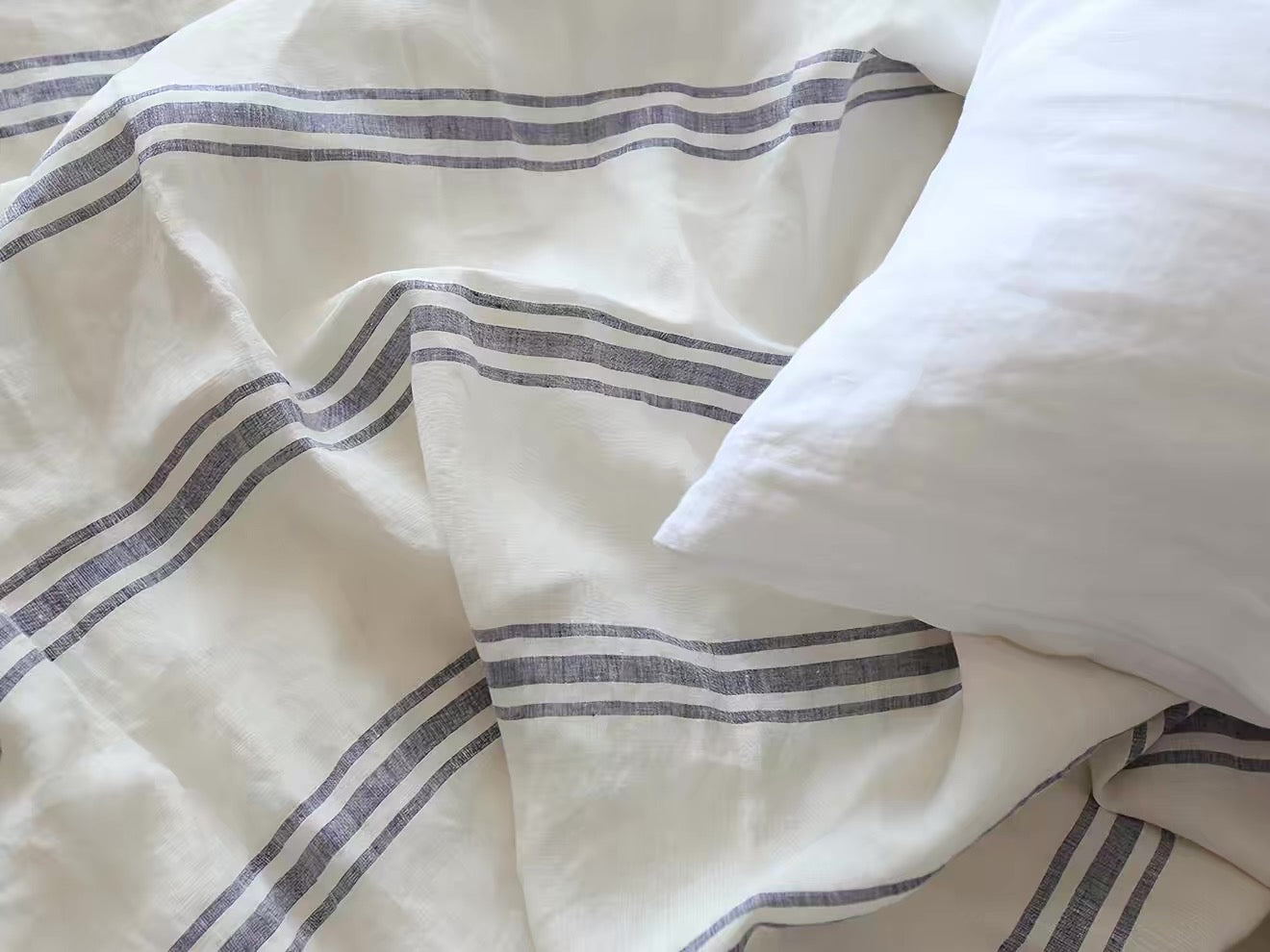 Blue Double Stripe Linen Fabric, Medium Weight, Stone Washed, 110 Inch Width