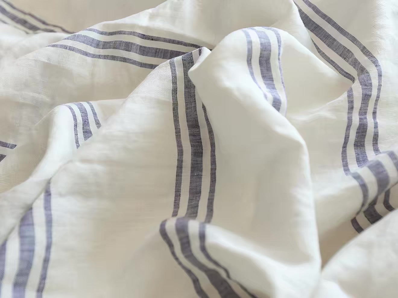 Blue Double Stripe Linen Fabric, Medium Weight, Stone Washed, 110 Inch Width
