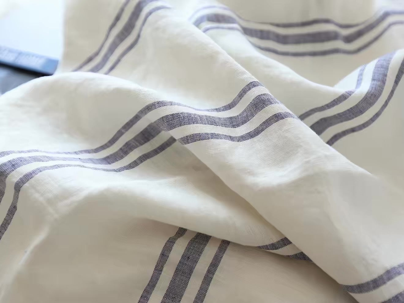 Blue Double Stripe Linen Fabric, Medium Weight, Stone Washed, 110 Inch Width