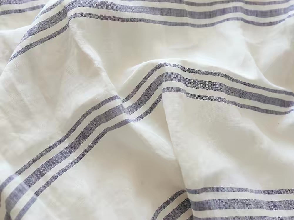 Blue Double Stripe Linen Fabric, Medium Weight, Stone Washed, 110 Inch Width