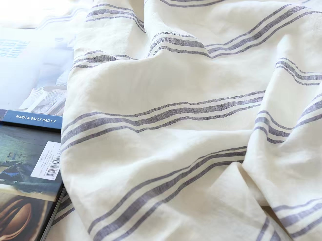 Blue Double Stripe Linen Fabric, Medium Weight, Stone Washed, 110 Inch Width