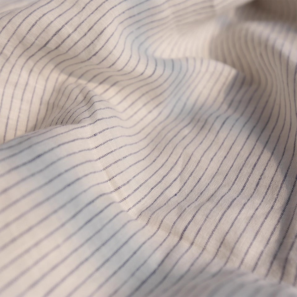 Navy Blue Pinstripe Linen Fabric, Medium Weight, Stone Washed, 110 Inch Width
