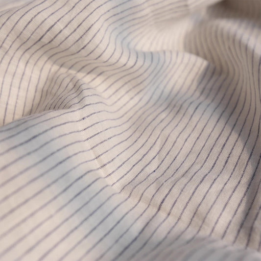 Navy Blue Pinstripe Linen Fabric, Medium Weight, Stone Washed, 110 Inch Width