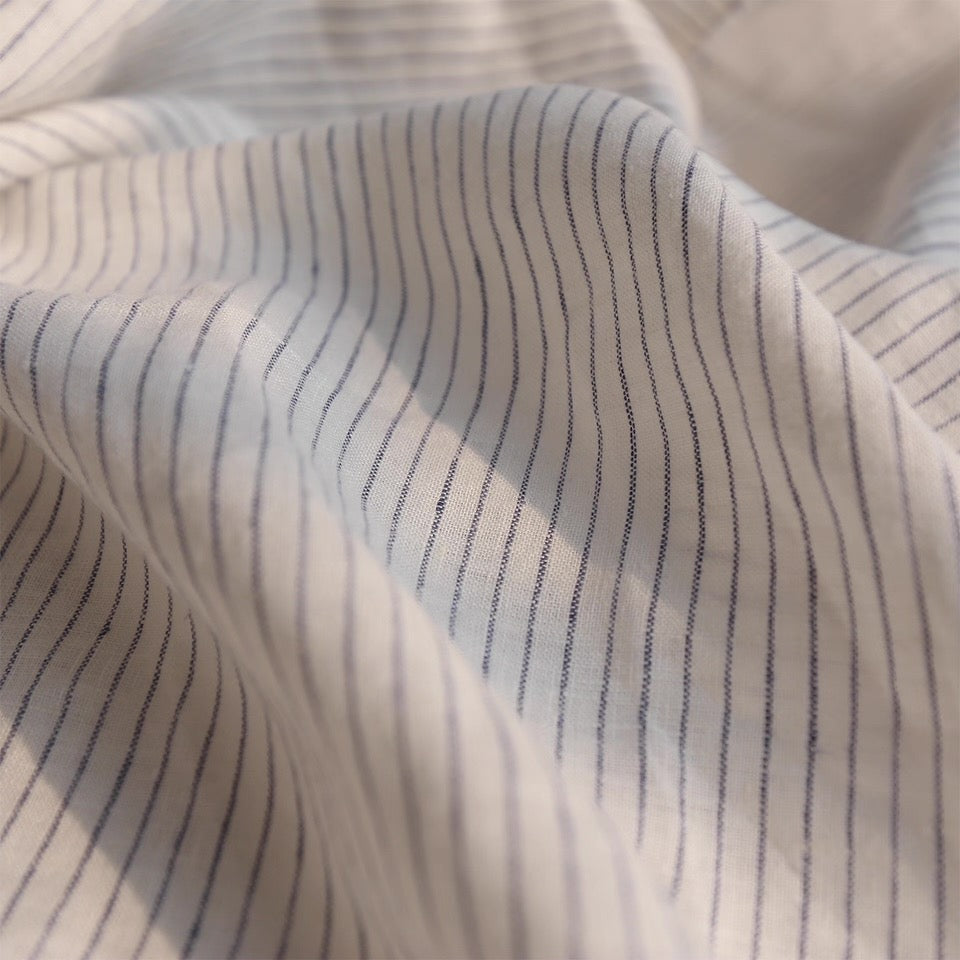Navy Blue Pinstripe Linen Fabric, Medium Weight, Stone Washed, 110 Inch Width